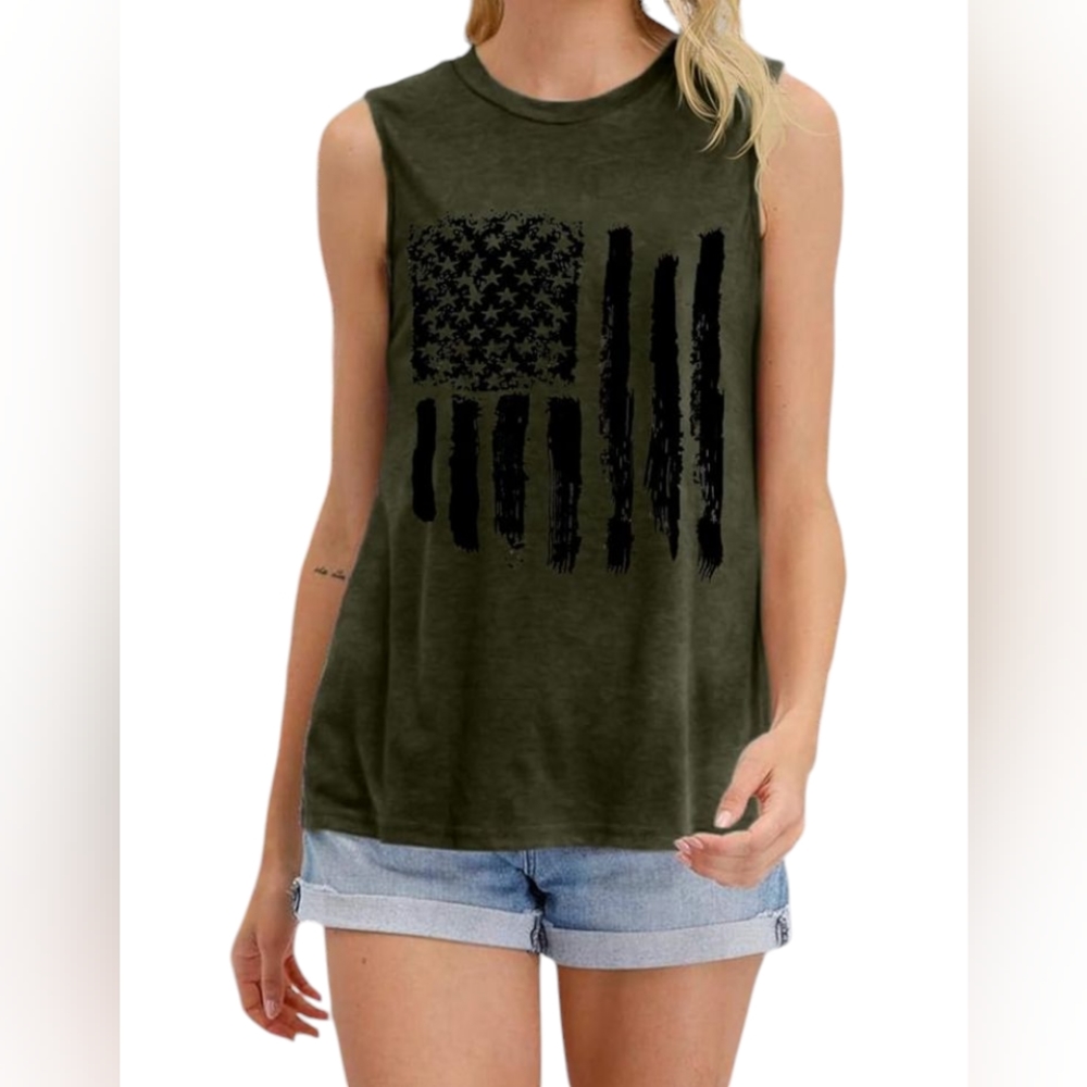 🆕 Women's Patriotic Olive Sleeveless Top W/ Black Screen Print American Flag